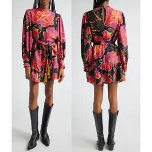 Farm Rio Shiny Chita Floral Print Long Sleeve Minidress Tiered Black Size Small